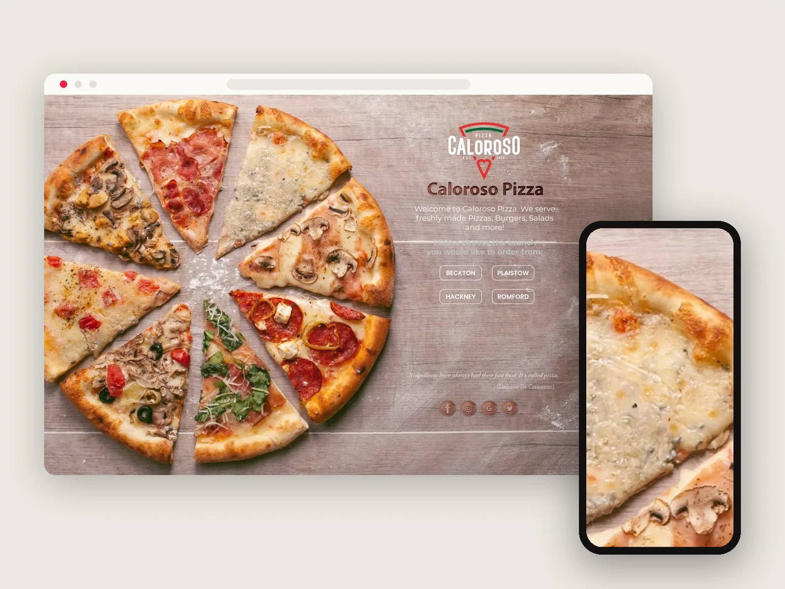Caloroso pizza website on desktop and phone